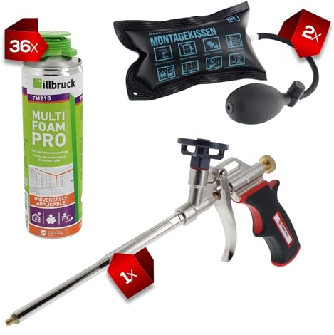 ToniTec Montageset Bauschaum-Set aus 36x illbruck FM210 Pistolenschaum 500 ml, 2x FEPS Montagekissen und 1x ToniTec Schaumpistole