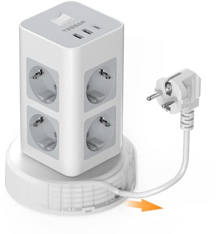 TESSAN Ciabatta Multipresa con USB C, Multipresa Elettrica con 8 Prese, Multi Presa Verticale con Cavo Retrattile, Ciabatta Elettrica con Cavo 2M e Interruttore