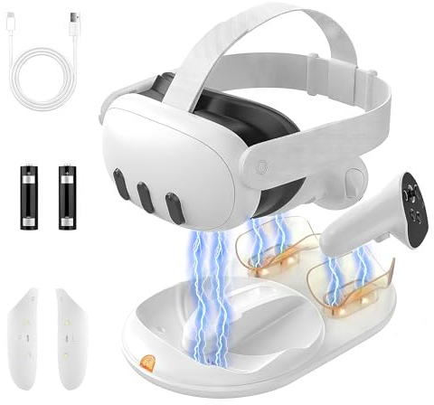 GEEKERA Ladestation Kompatibel mit Meta Quest 3, Magnetisch Ladegerät für Headset & Controller, Zubehör VR, Schnellladestation mit 18W Adapter/2 Wiederaufladbaren Batterien