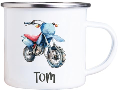 4youDesign Emaille Tasse Kinder personalisiert – Motorrad – Bike Namenstasse – Geschenk für Jungen & Mädchen – Bruchsicher & Leicht – Geschenkidee zur Einschulung & Geburtstag - 300ml