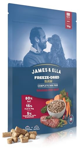 James & Ella Complete Freeze-Dried Raw Dog Food ❘ Grass Fed Beef ❘ Freeze-Dried Dog Food, Packed with Protein, Essential Oils & Minerals for Happy, Healthy Dogs, Lightweight & Gluten Free (100g)