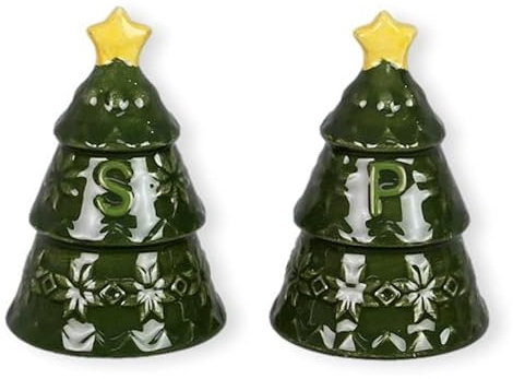 The Bridge Collection 3 Ceramic Woodland Christmas Tree Salt and Pepper Shakers Set- Festive Green Pine Trees with Yellow Star Winter Salt & Pepper Set