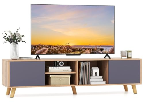 COSTWAY TV Stand for TVs up to 65 Inches, Wooden TV Cabinet Media Entertainment Center with 2 Doors, Open Storage Shelves and 5 Support Legs, 152cm TV Unit Console Table for Living Room Bedroom
