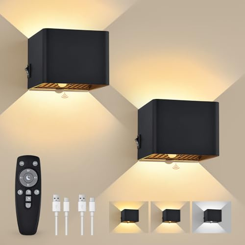 GeyouLux 6000mAh Akku Wandlampe Innen mit Bewegungsmelder & Fernbedienung | 3 Modi 2700K-6500K Wandleuchte Dimmbar Timer Moderne LED Aufladbare Wandleuchte Innen für Treppe Flur Schlafzimmer 2 Stück