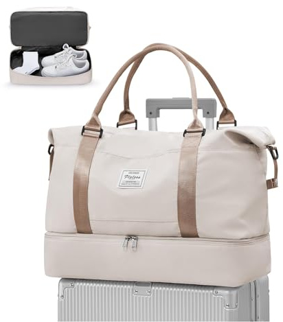 WEPLAN Bolsa de Viaje Mujer 45x36x20 Easyjet Equipaje de Mano Cabina Bolsa Fin de Semana Mujer Bolso Deporte Gimnasio Viaje con Compartimento de Zapatos Bolso Maternidad Hospital,A01-Beige con Marrón
