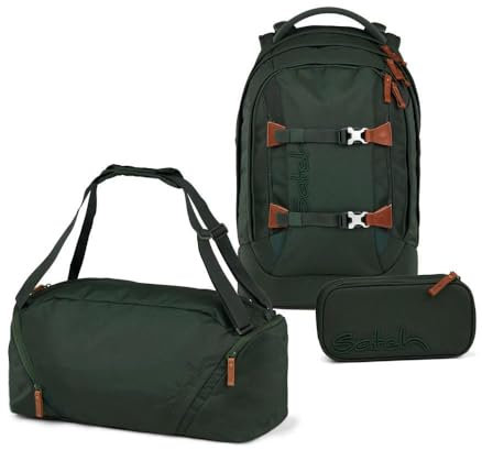 Satch Pack Nordic Black Skandi Edition Schulrucksack Set 3tlg. inkl. Schlamperbox und Sporttasche (Forest Green)