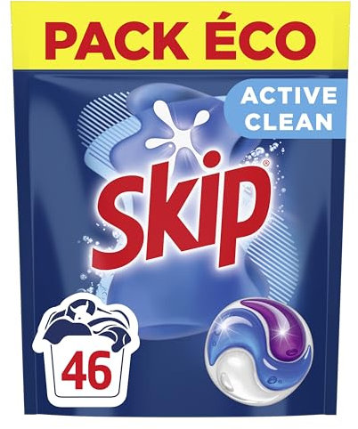 Skip - Lessive Capsules Tout en 1 Active Clean - Propreté Impeccable - Fraîcheur Longue Durée - Détache les vêtements tout en respectant fibres et couleurs - 46 Lavages