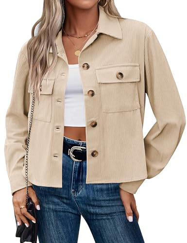 Hotouch Giacca in velluto a coste da donna, a maniche lunghe, con bottoni, con tasche, autunno e inverno, giacca a coste corta, beige, M