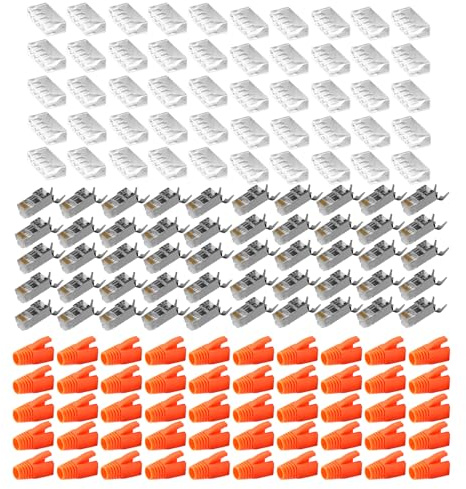 Juego de 50 conectores RJ45 Cat7, conector CAT 7, color naranja, conector de red, pass a través y apantallado, conector de red con protección contra torceduras, conector CAT 7 con alivio de tensión
