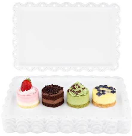 UNGFEI Set of 12 White Plastic Serving Plates – 36 x 24cm Rectangle Appetizer Trays for Catering, Buffets, Parties, Weddings & Christmas – Sturdy Reusable Platters with Decorative Lace Rim