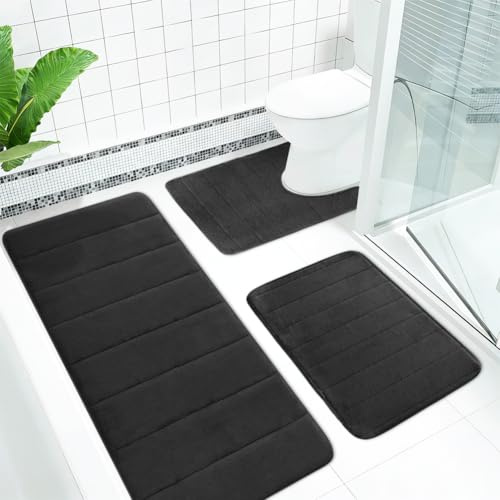 Tutamaz Badematte Set 3-teilig aus Memory Foam,Badteppich Saugfähige Badvorleger, Weich & Schnell Trocknend, Badteppich rutschfest Waschbar Badvorleger Set für Dusche, WC & Badewanne (Schwarz)