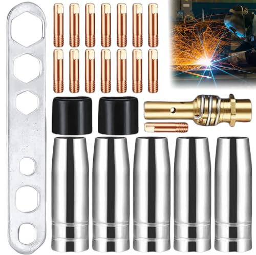 Verschleißteile Set für MIG/MAG Schweißbrenner AK-15/MB-15/15AK - 24-tlg. Schweißzubehör inkl. 5 Düsenstock + 5 Gasdüse + 10 Stromdüsen M6 (0,8mm/1,2mm) + Isolator für Profi & Heimwerker