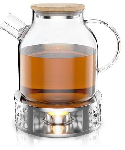 Glas Teekanne mit Stövchen – Bambusdeckel – inklusive Edelstahlstövchen – Fassungsvermögen 1,4 Liter – hitzebeständig – mit Siebeinsatz für Blütentee – einfache Reinigung – für heiße und kalte Getränk