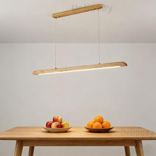 Deliouay Moderne LED Esstisch Pendelleuchte Holz, LED Pendellampe mit Fernbedienung Linear Design Hängeleuchte Esszimmer lampe, Hängelampe Dimmbar Höhenverstellbare für Küche büro (Holz, 90cm)