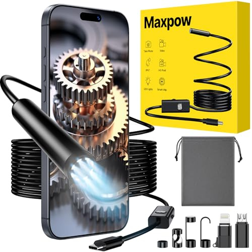 Maxpow Endoscope Inspection Camera – IP67 Waterproof Endoscope, 1920HD Plug & Play for iPhone/Android, Borescope Inspection Camera with Snapshot & Video Record, For Engine & Plumbing 5M