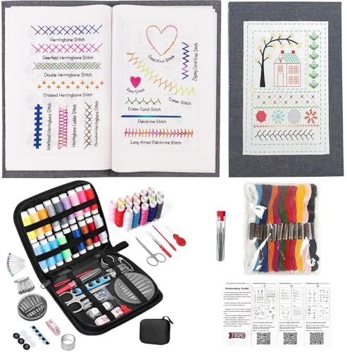 2026 Juego de libro de bordado para principiantes, kit de bordado portátil con lino, juego completo de agujas e hilo de 99 piezas, instrucciones de vídeo paso a paso, regalo de manualidades para