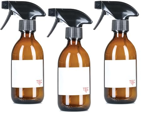 TEC 250ml Spray Bottle Amber Glass 65% Recycled (3) | UK Made for Cleaning and Hair Water Oil Gardening Mist Essential Oils Recyclable with Labels Wrapped in Sustainable Paper