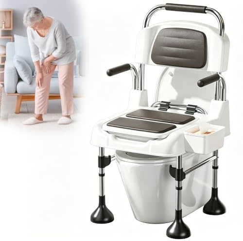 Elderly Fall Prevention Toilet Chair, Bariatric Commode Chair 330 lbs, Removable Side-Mounted Tissue Box for Convenience, Wide Anti-Rollover Base, Water-Proof Cushion, Seniors(Fixed Foot Pads)
