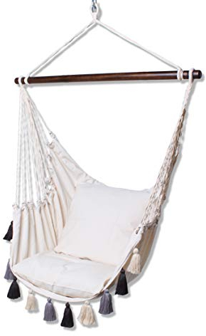 Hängesessel, Vintage Hängestuhl Boho-Look, Hängeschaukel Fransen Uni Deluxe von HOBEA-Germanyl, Farbe:Creme mit grauen Quasten