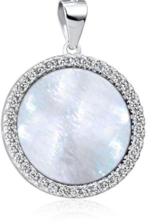 MATERIA Perlmutt Anhänger rund weiß - Kettenanhänger Silber 925 Damen Zirkonia Muschel in Box KA-456-W_ohne Kette