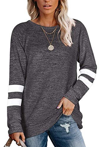 Famulily Damen Tunika Langarm Elegant Baseball Shirt Damen Gestreift Dunkelgrau 2XL