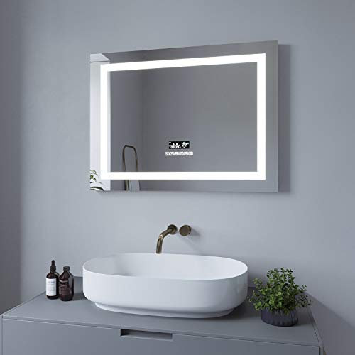 AQUABATOS Brussels-Serie Badspiegel Badezimmerspiegel mit Beleuchtung 80x60 cm Uhr Bluetooth Lautsprecher Touch Schalter Dimmbar Kaltweiß Neutralweiß Warmweiß Einstellbar Beschlagfrei Antibeschlag