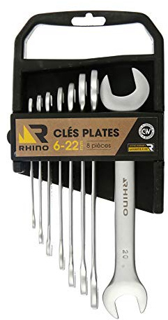 RHINO - Lot de 8 clés à fourches, jeu de 8 clés plates, clés de serrage - Diamètre 6 à 22 mm - Fabriqué en Acier (Chrome Vanadium) - Haute qualité - Garantie à vie