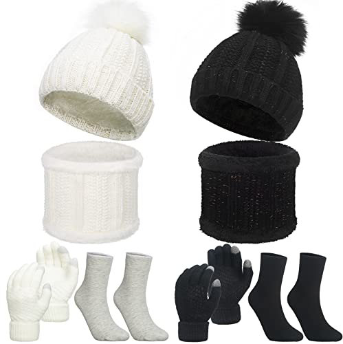 Sintege 8 Stück Wintermütze Mütze Schal Handschuhe Set Damen Pompon Schädelmützen Nackenwärmer Schals Touchscreen Handschuhe Socken Set (Schwarz, Weiß, Cremeweiß, Grau)