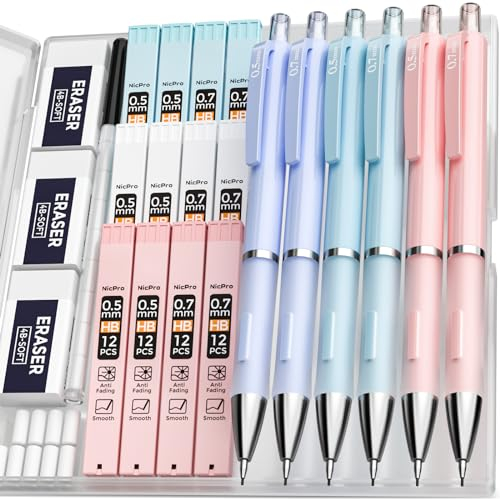 Nicpro 6 Stücke Pastell Druckbleistift Set, 0,5 mm & 0,7 mm Minenbleistift, Mechanische Bleistifte mit 12 Dosen HB Bleistiftminen 3 Radiergummis, Etui für Kinder Schule Schreiben Zeichnen, Skizzieren