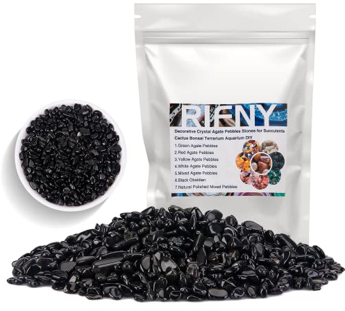 Decorative Stones, Natural River Pebbles Crushed Crystal Chips Stone for Fish Tank, Potted Succulents, Flowerpot, Cactus, Home Garden Decoration, Vase Filler Gravel Rocks (1.5 Lb) (Black Obsidian)