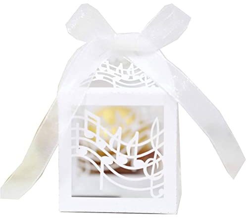 GIVBRO Scatole per caramelle in stile musicale, scatole regalo per bomboniere di nozze, scatole per biscotti per feste di compleanno, colore bianco, 50 pezzi