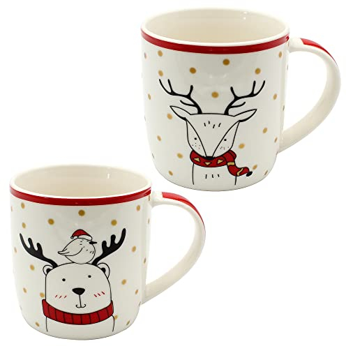 Dekohelden24 W-10030128 Lot de 2 tasses de Noël en porcelaine, motif élan, hauteur : 9 cm, diamètre : 8 cm, capacité : 350 ml