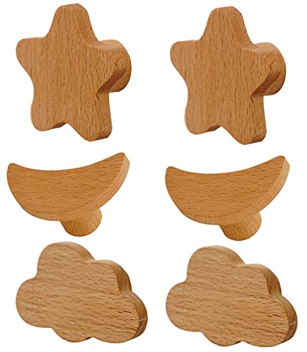 KGUDYS 6 Stück Kinder-Schubladentürgriffe,Möbelknöpfe,Massivholz-Schrankgriffe,Möbelgriffe in Form von Sternen/Monden/Wolken,Kinderzimmer,Schlafzimmer,mit Schrauben,Originalwood