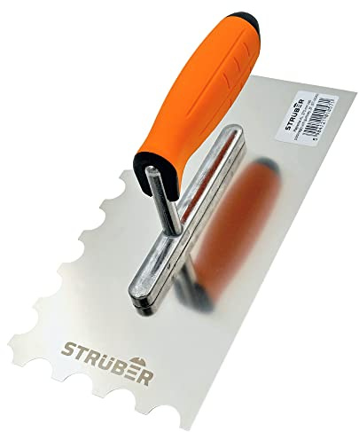 STRÜBER Halbrunde Zahnkelle mit Softgriff, 270x130mm, Zahnung 20x15mm | Rostfreier Edelstahl, Profi Zahnglättekelle, Zum Verlegen von Fliesen, Made in EU