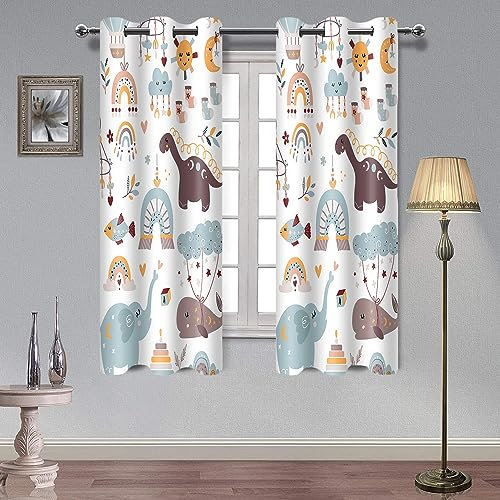 AHBEWIN CLXPAH634 Fenstervorhänge mit Cartoon-Tiermotiv für Kinder, Jungen, Mädchen, Baby-Schlafzimmer, niedlicher Regenbogen, bunter Vorhang für Kinderzimmer, Dekoration, Elefant, Wal, Dinosaurier