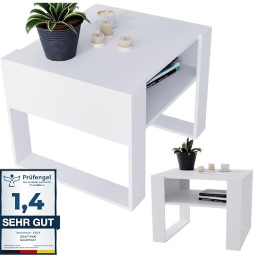 CraftPAK Wohnzimmer Tisch für Couch aus hochwertigem Holz, Stabiler & moderner Couchtisch mit zusätzlicher Ablagefläche, Farbe Bardolino-Weiß