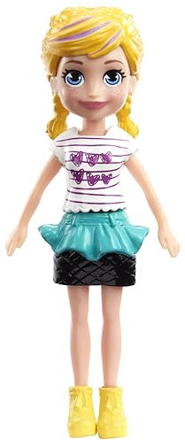 Polly Pocket Sammelpuppe ~ Polly trägt blaugrün und schwarzen Rock, rosa und weißes Herzhemd und gelbe Stiefel ~ 8,9 cm hoch ~ HKV79