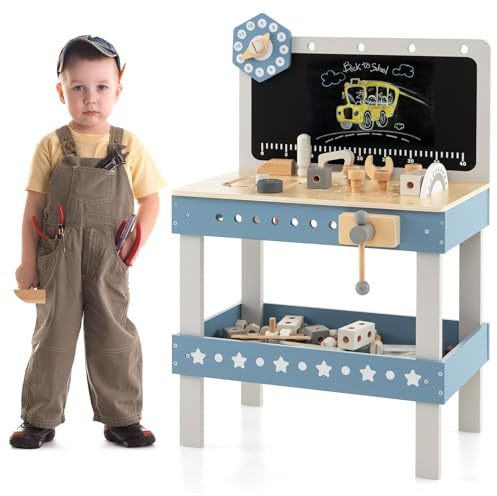 COSTWAY Jouet d'Etabli en Bois pour Enfants avec 5 Outils & 56 Accessoires, Jouet Bricolage Enfants avec Tableau Noir & Etagère Inférieure, Jeu d'imitation pour Garçons et Filles de 3 Ans+