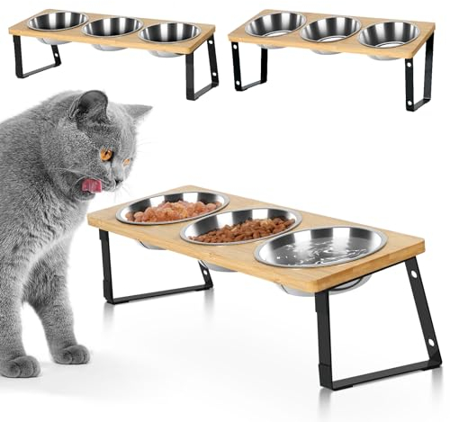 GLCON Katzennapf Erhöht, 15° Gekippte Katzen Futterstation Futternapf Katze, Höhenverstellbar Hundenapf Kleine Hunde, Rostfreie Stähle Katzennapf 3er Set für Katzen und Welpen, Anti-Erbrechen