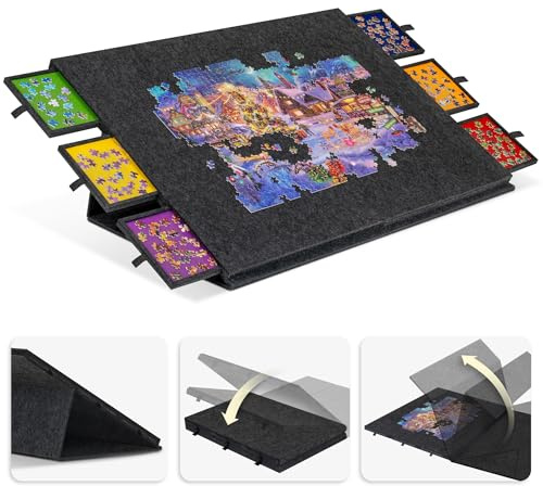 LAVIEVERT Foldable Jigsaw Puzzle Board with 2-in-1 Stand & Cover, Tilting Jigsaw Table with 6 Drawers, Lightweight Felt Puzzle Boards Portable Game Storage Saver 2000 Pieces- Dark Gray