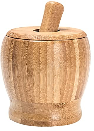 QXSJEDYCH Mörser und Stößel, Bambus-Mörser und Stößel-Set mit Deckel, Knoblauchpresse, Ingwer-Zerkleinerer, Gewürze, Mahl-Set, Knoblauchwolf, Kräutergewürzstampfer, Mühle, Zerkleinerer, Küchenwerkzeug