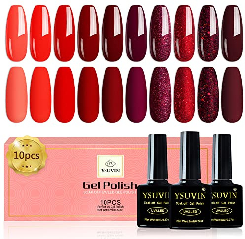 YSUVIN UV Nagellack Rot, 10 Rot Dunkelrot Bloody Glitzer Gel Nagellack | 10 Farben Soak-Off UV Gellack für Anfänger DIY Nail Art Maniküre Salon, 8ML