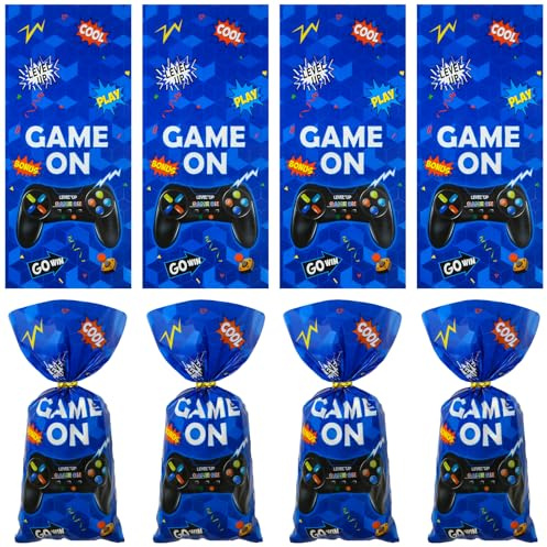 Vedio Game Party cellofan godispåsar, 50 st spel på fest favoritväskor med 50 guldfärgade knutar godispåsar kaka mellanmål förpackningsväska för spel på tema födelsedagsfest tillbehör