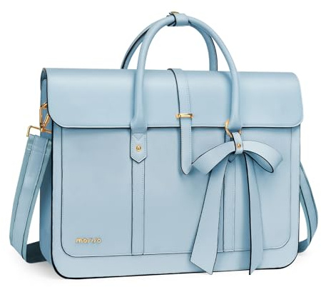 MOSISO Laptoptasche Damen 13-14 Zoll, PU Leder Handtasche Schultasche | Aktentasche Arbeitstasche Uni Tasche Büro Reisen Schultertasche Umrüstbar auf Rucksack mit Schleifenknoten, Luft Blau