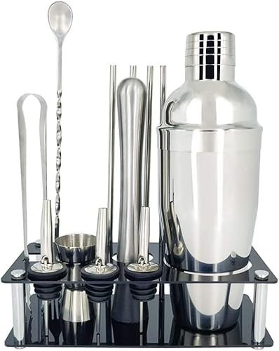 ESHINEDE Generic 13Pcs Set Premium Barware Set Barra de acero inoxidable Coctelera Set Bartender Kit Shakers Bar Herramientas con soporte de vino