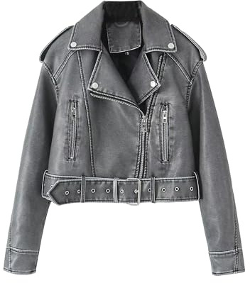 DGKaxiyaHM Women's Vintage Faux Leather Fall Coat Cropped Blazer Collar Coat Jacket Zip Up Slim Fit Belt Coats (Grey,S)