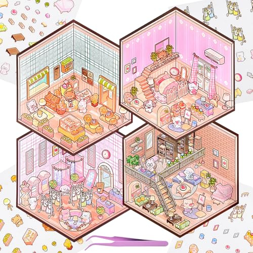 Lot de 4 mini autocollants 3D amusants pour maison avec pince à épiler pour créer votre propre vestiaire, dessert, bibliothèque, salon, autocollants mignons, micro pièces, scrapbooking, pour soulager