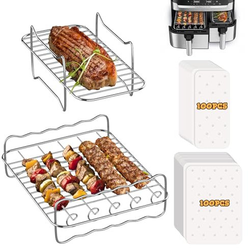 FHzytg Heißluftfritteuse Grillrost Kompatibel mit Tefal Ey9018 Dual Easy Fry 5,2/3,1 L, Airfryer Grillrost Multifunktional für Tower T17099, Lakeland 5L/3L mit 200 Stück Backpapier