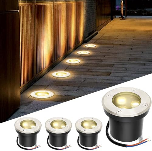 Fiqops 4x Faretti da pavimento esterni con LED 3W Bianco caldo IP65,faretti incasso tondi neri opachi,carrabili 230V,perfetti per giardino,piscina,piante e illuminazione esterna