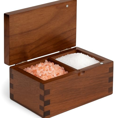 Demigo Acacia Salt Cellar 20 oz, Magnetic Flip Lid Salt Box, Dark Brown | 2-Compartment Storage Box, 5.6 x 3.6 x 3 in Large Wooden Spice & Seasoning Keeper for Kitchen, Holds Sea Salt, Herbs & Pepper